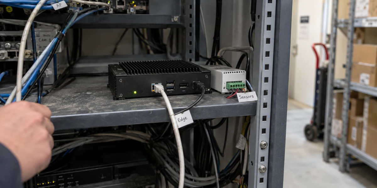 A technician checks a compact edge gateway and sensor connection in a network cabinet