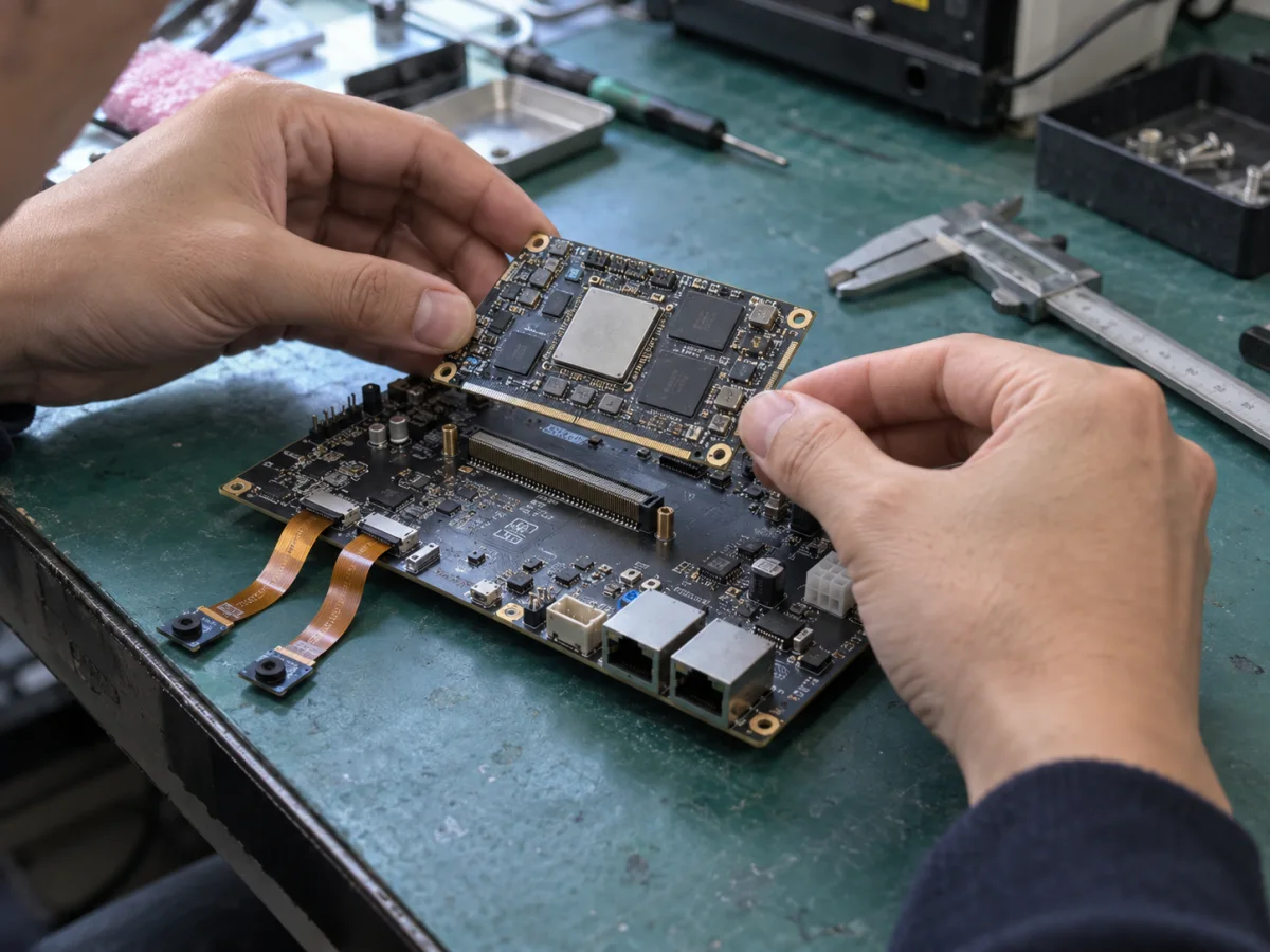 Illustrative core board being aligned with a carrier connector; this generated image does not show a tested Rockchip configuration