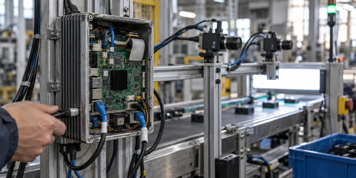 Industrial vision equipment and board-design materials illustrating a Rockchip module selection process