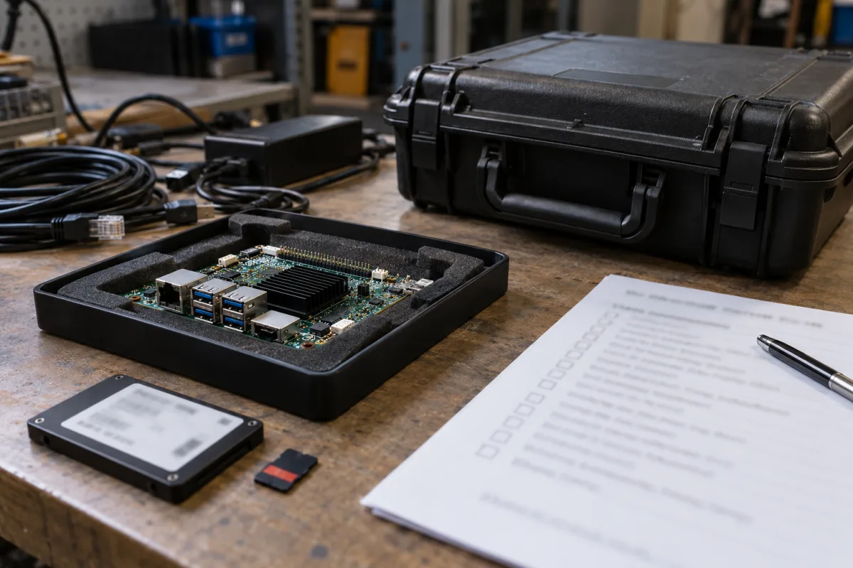 Illustrative handoff of a model artifact, development board, and release checklist; not a test photo of the target RK3588 device
