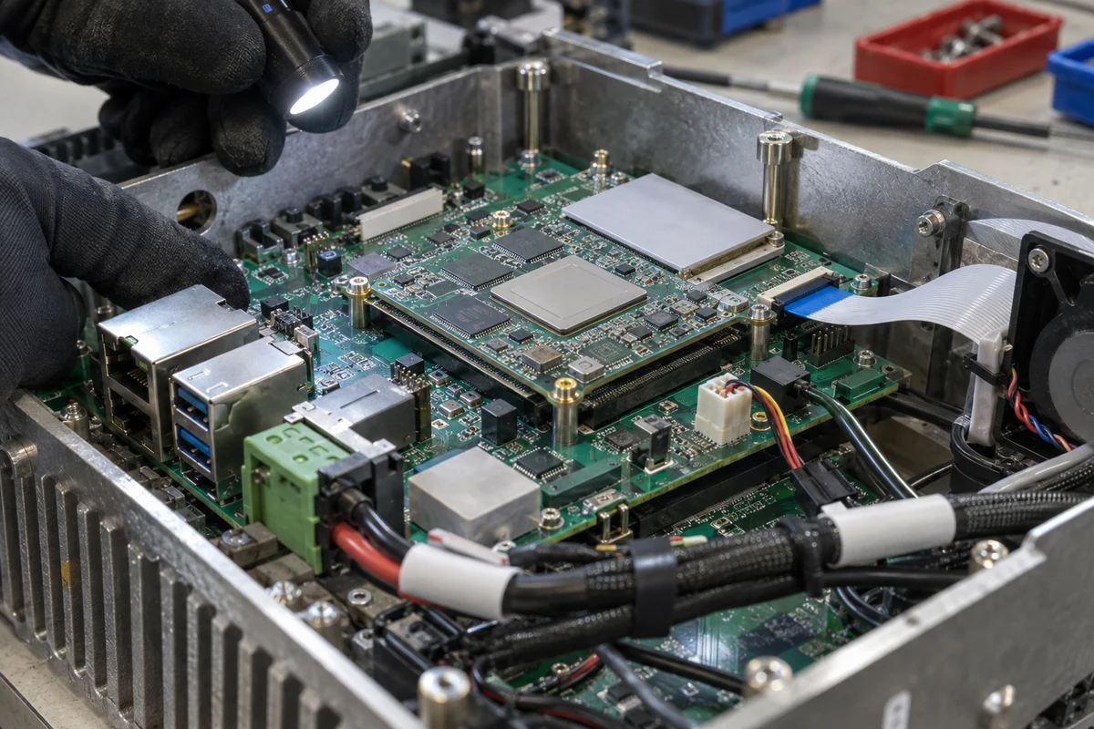 A compute module installed on a custom carrier inside a partially assembled metal enclosure while connector and thermal fit are inspected