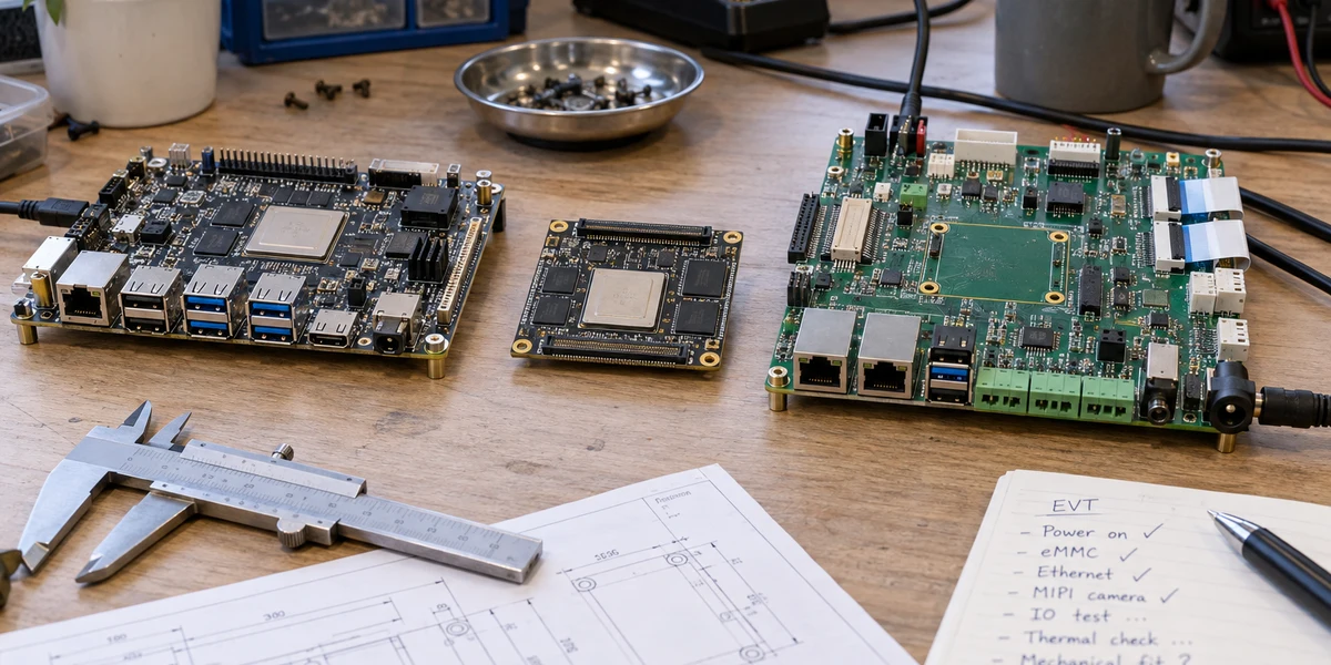 A development board, compute module, and custom carrier board on an engineering workbench