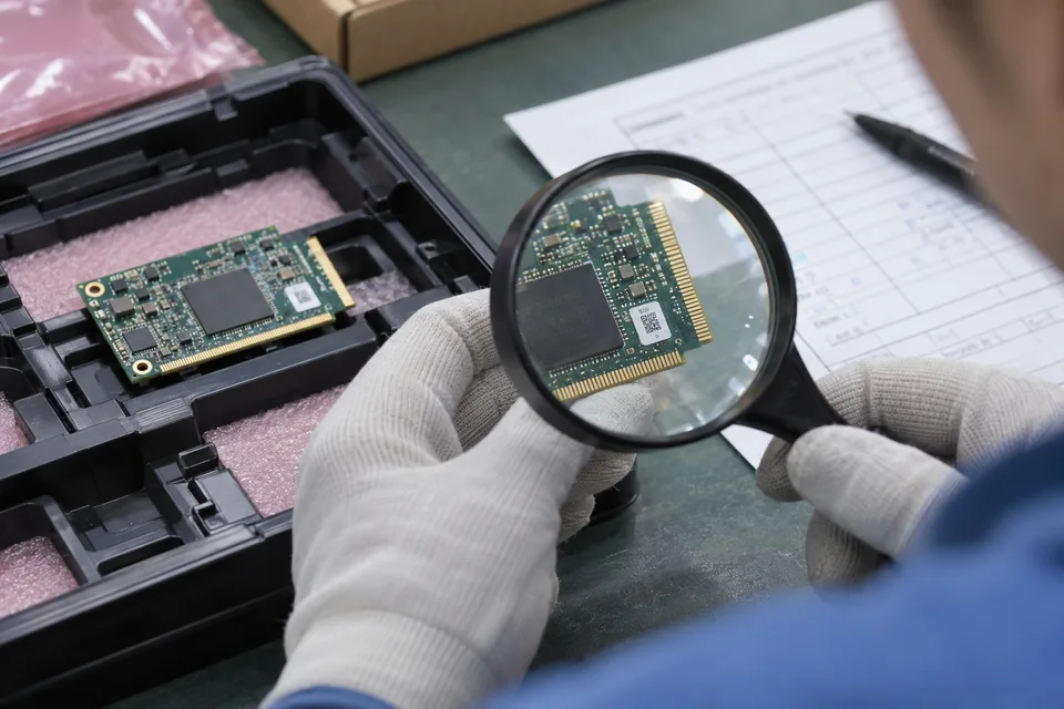 Illustrative incoming inspection: a technician compares a module's connector edge and label with a record; not a customer batch or actual test photograph