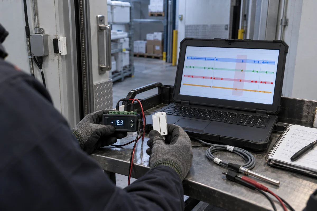 A technician checks the temperature controller, door contact, and alarm event timeline