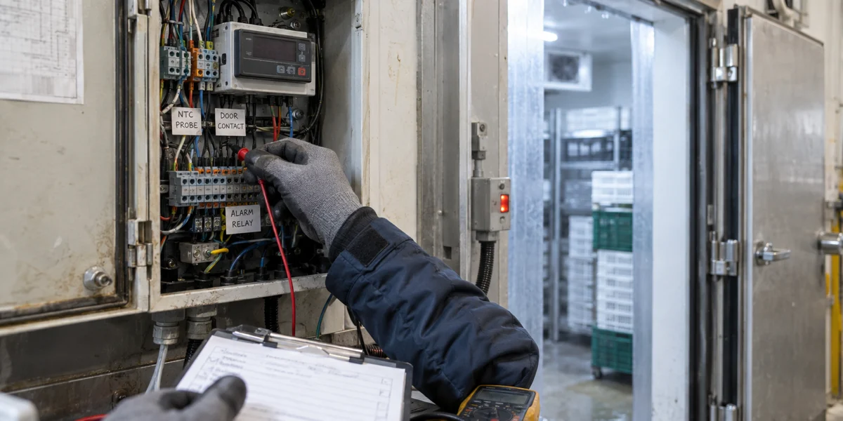 A technician checks a commercial cold-room temperature controller, probe, door contact, and alarm relay