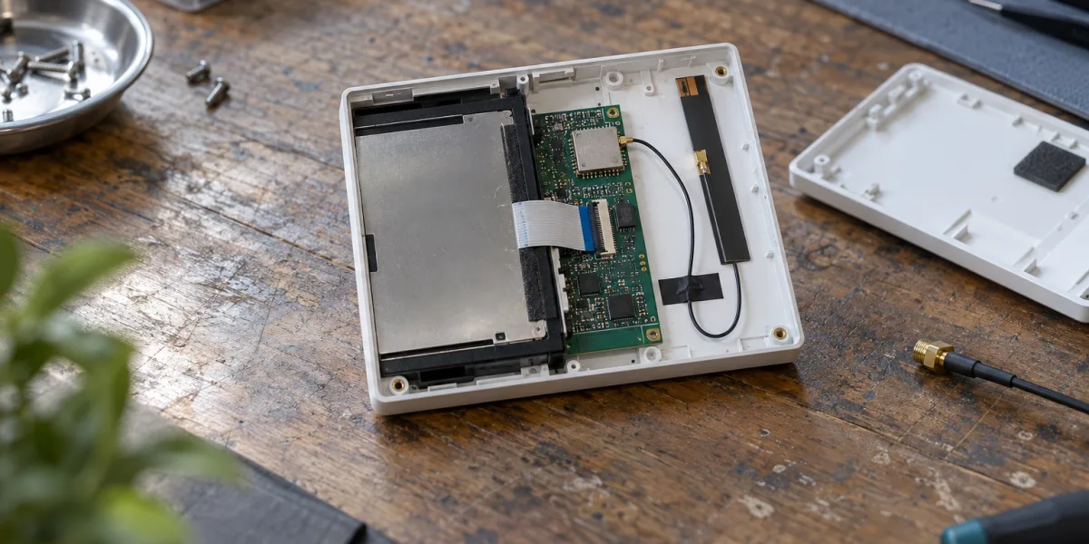 Conceptual engineer desk comparing module radio and antenna choices; AI-generated, not a tested product