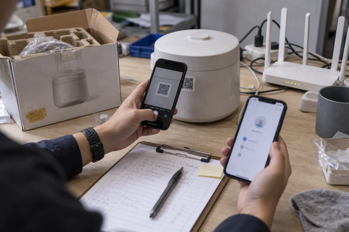 A product validation station testing QR onboarding, Wi-Fi pairing, and first device control