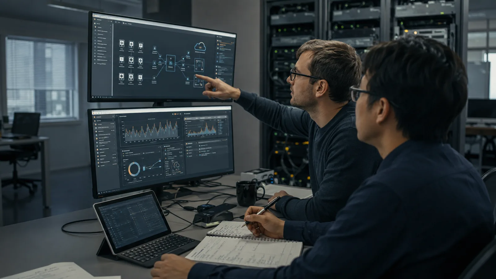 Engineers reviewing IoT platform architecture, deployment ownership, and device operations dashboards