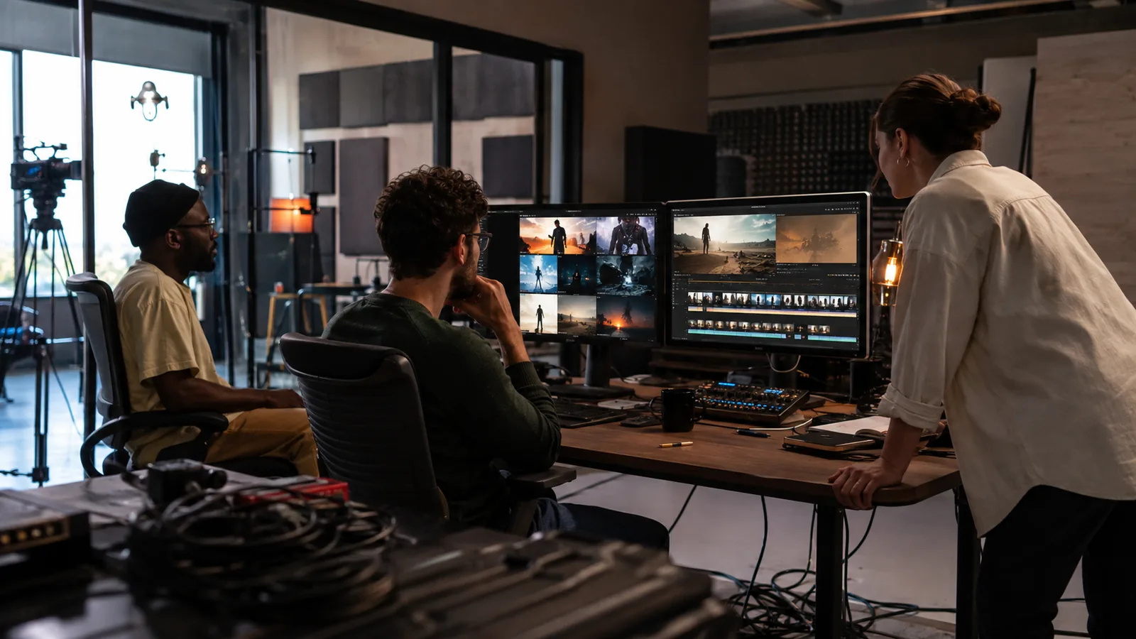 Media production team reviewing AI-assisted video storyboards in an editing studio