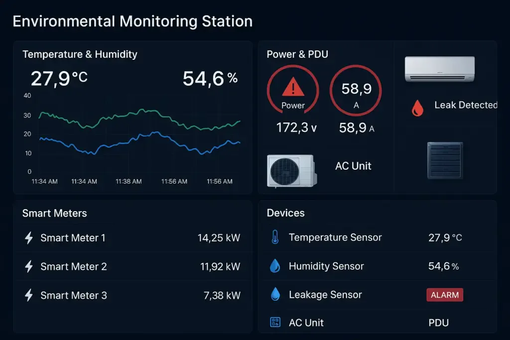 Environmental station dashboard with temperature, humidity, power, PDU, leak, and device alarms