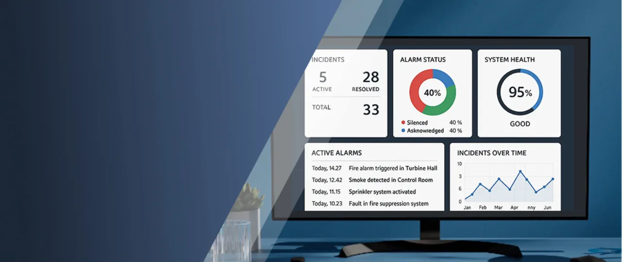 Industrial fire alarm SaaS dashboard with incident and system health status