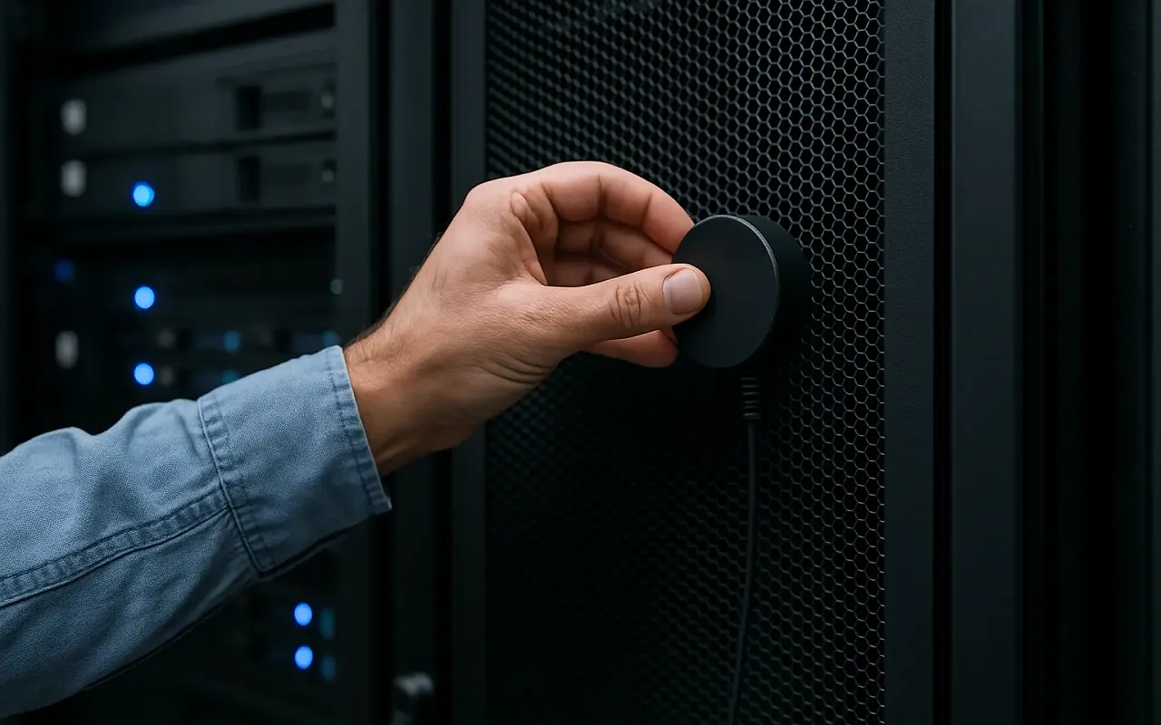 Data center technician inspecting server racks with acoustic monitoring equipment