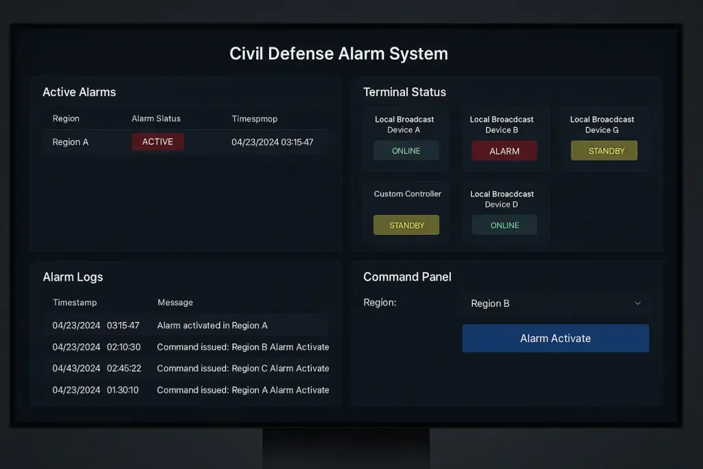 School civil-defense alarm dashboard with terminal status and remote command controls