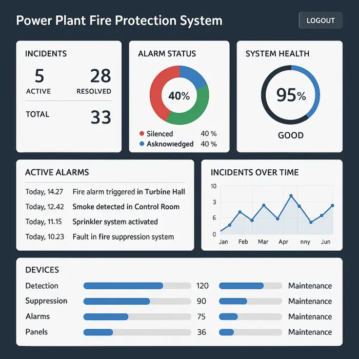 Commercial fire detection SaaS dashboard with alarms, device status, and incident trends