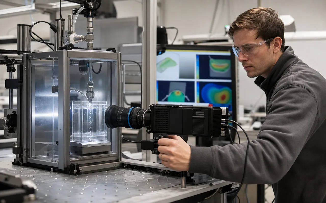 Laboratory high-speed imaging setup analyzing droplet deformation