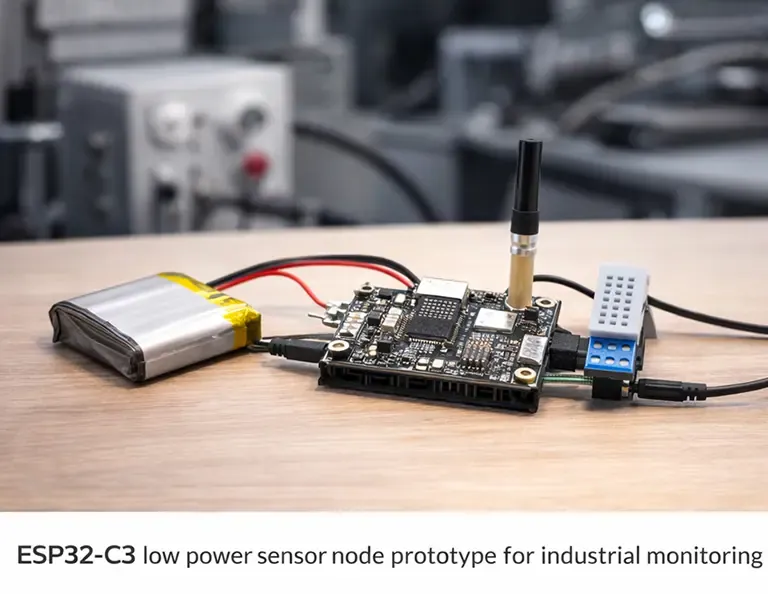 ESP32-C3 low-power industrial sensor node prototype on an engineering bench