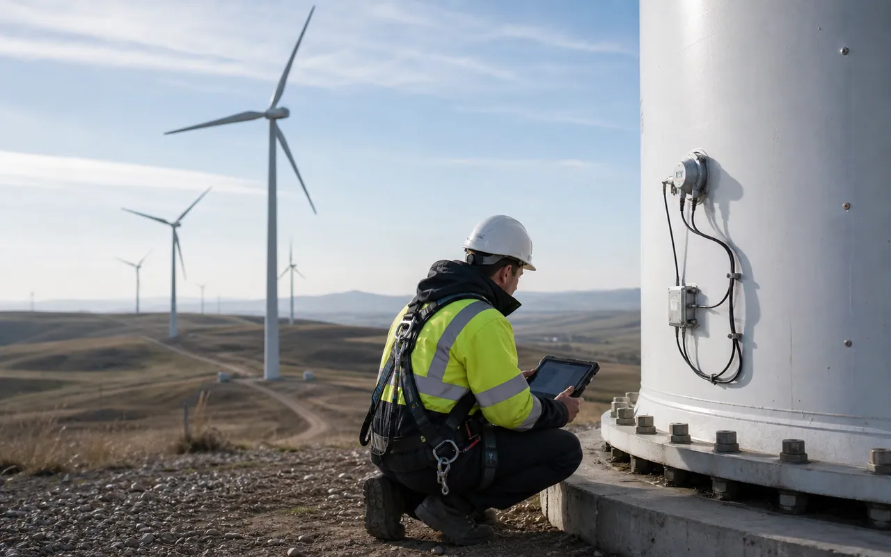 Wind farm technician inspecting turbines with remote structural monitoring