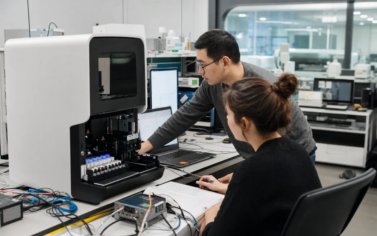 Engineers validating a connected laboratory medical instrument