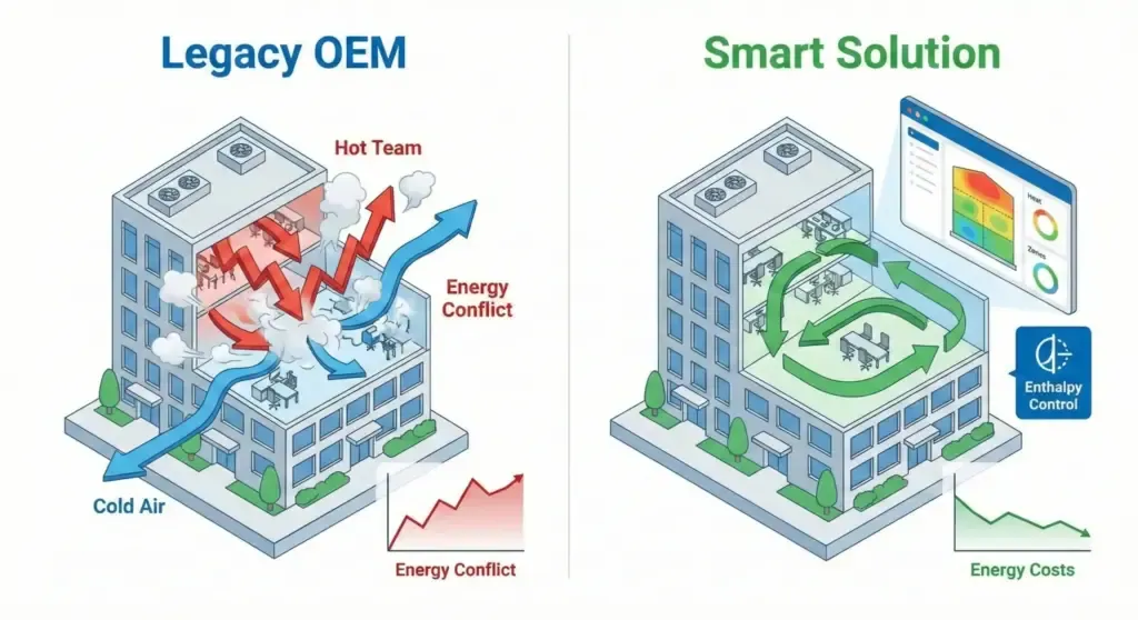 Comparison of legacy Tuya OEM HVAC control and the coordinated SDK application solution