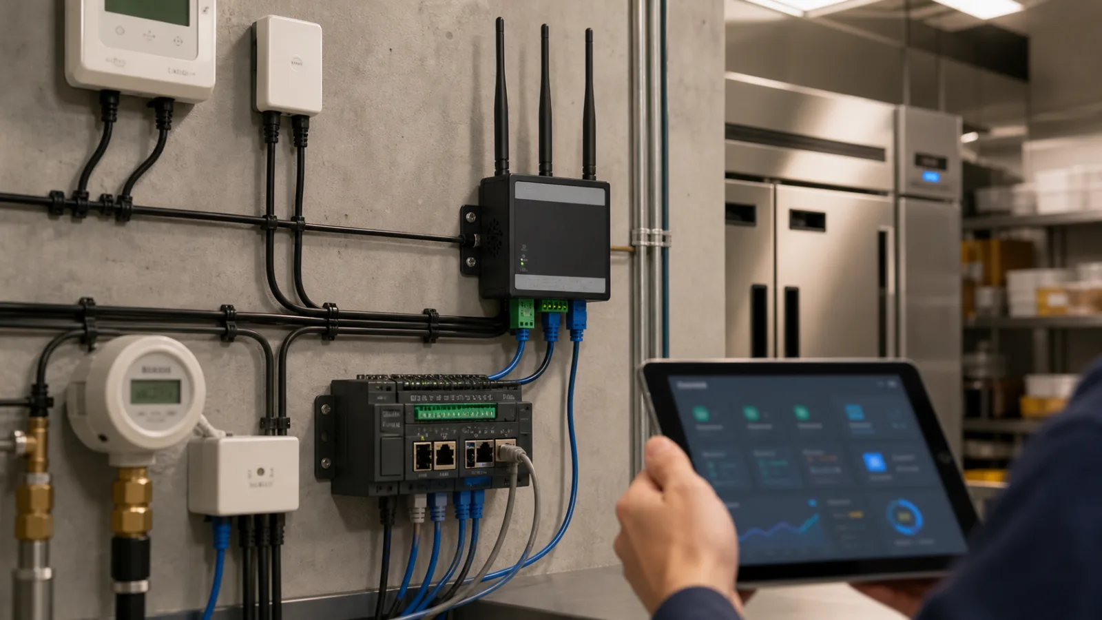 Wi-Fi serial converter retrofit installed beside commercial equipment