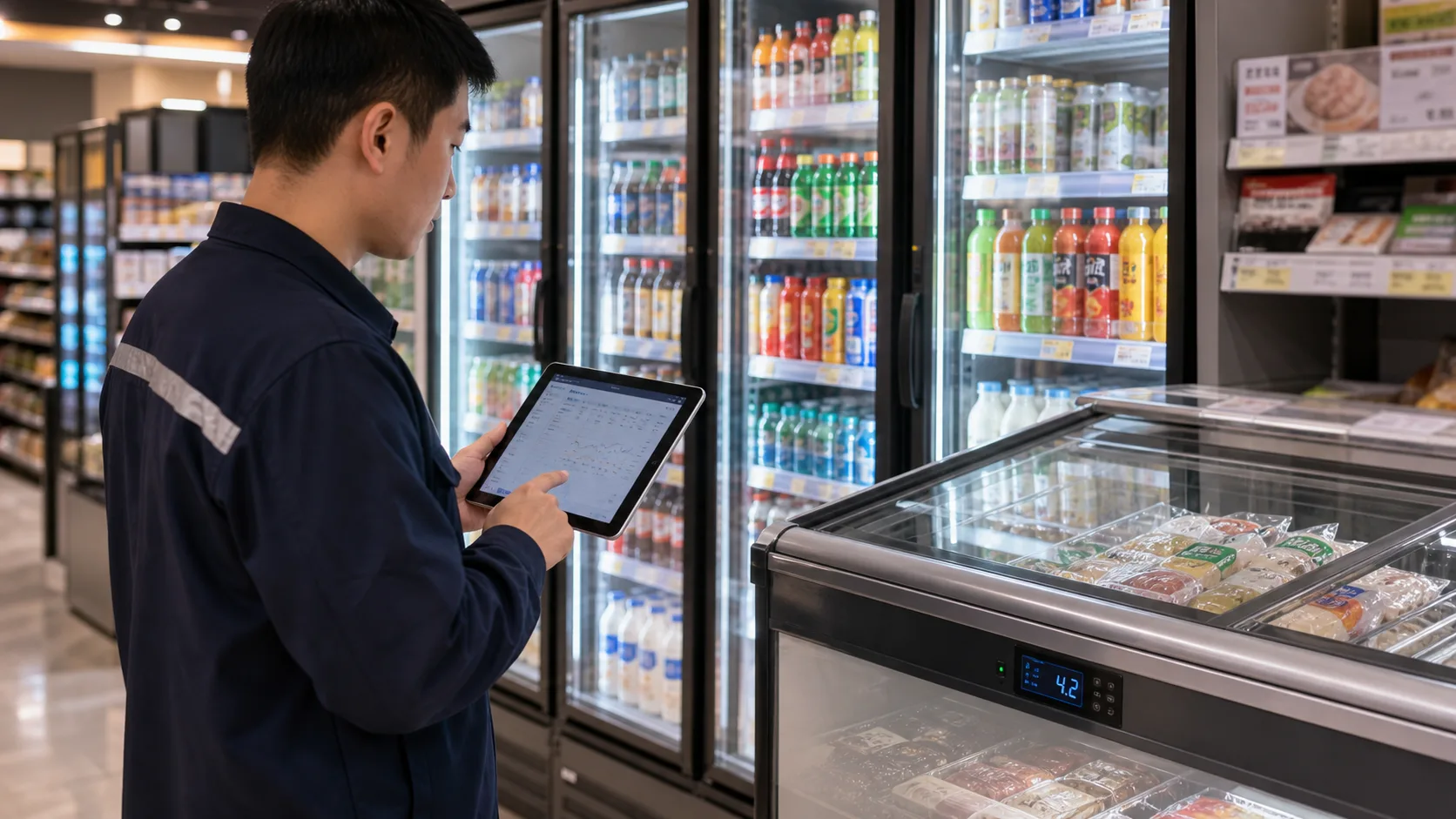 Technician checking connected commercial refrigeration cabinets