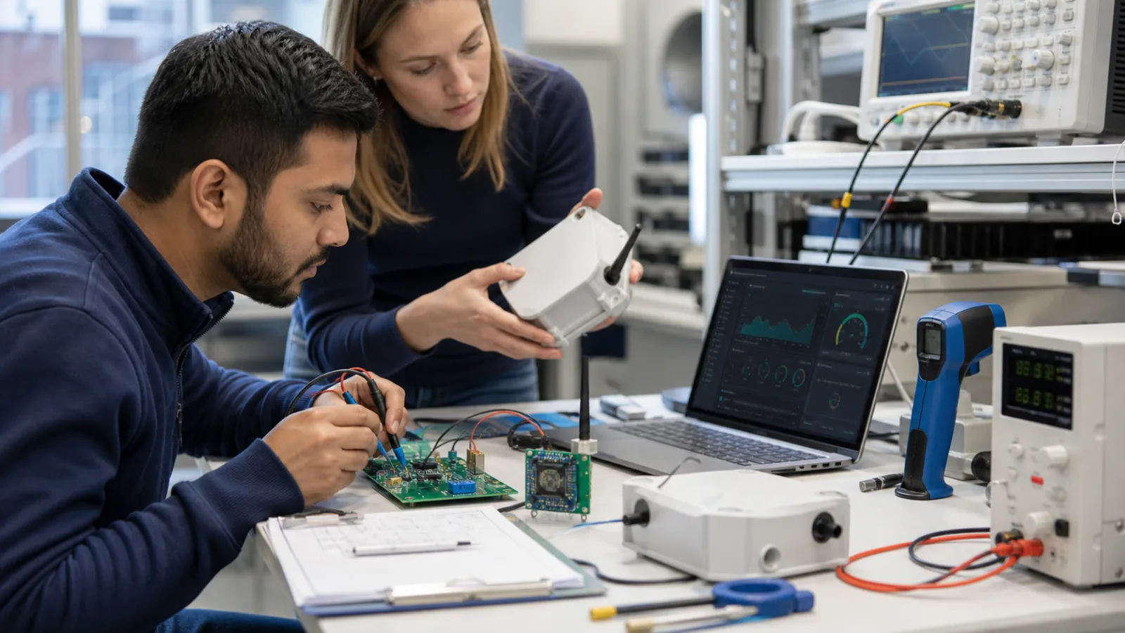 Engineers validating an IoT hardware prototype, enclosure, telemetry, and test measurements