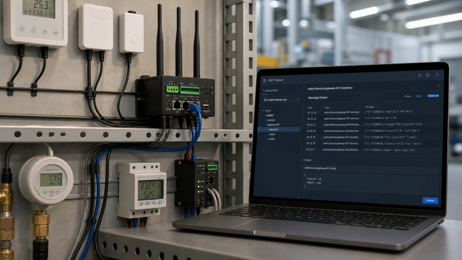 MQTT telemetry gateway connected to sensors with message stream diagnostics