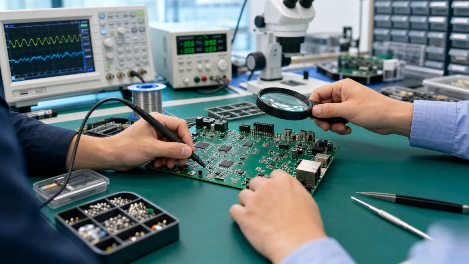 Engineers reviewing and testing a custom PCBA prototype on an electronics workbench
