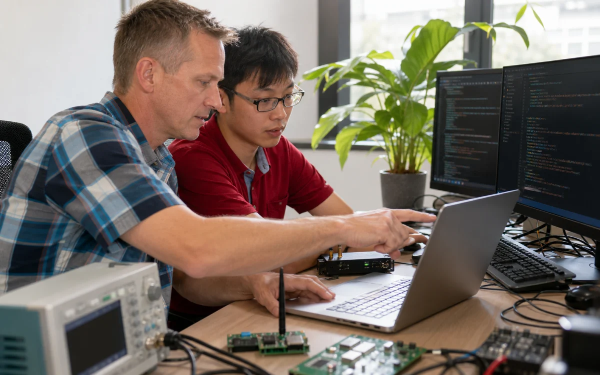 Engineers validating connected hardware, firmware, and device interfaces at a laboratory bench