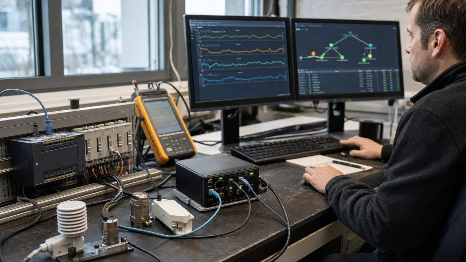 Engineers validating MQTT telemetry between an industrial gateway and cloud platform