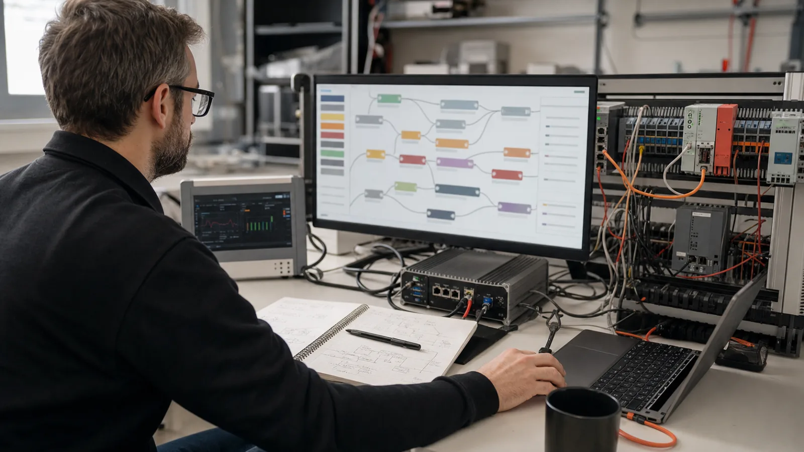 Engineer building a Node-RED industrial automation flow connected to gateway hardware