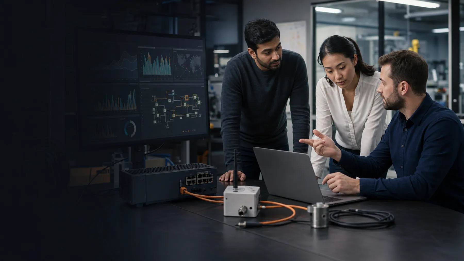 Engineers reviewing connected devices, an edge gateway, and cloud telemetry in an IoT laboratory