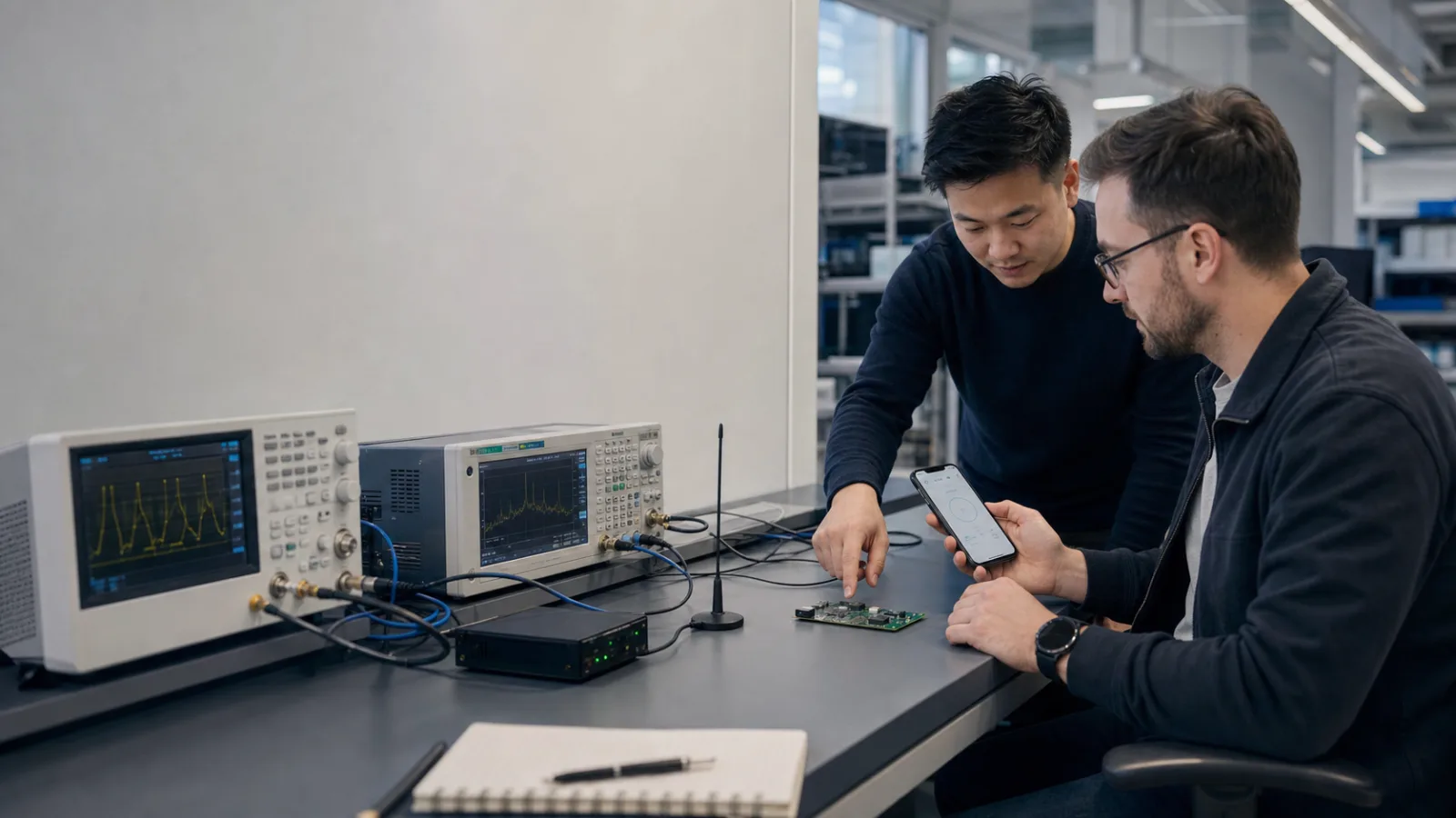 Engineers validating Bluetooth Low Energy hardware, radio behavior, and a mobile application in an electronics lab