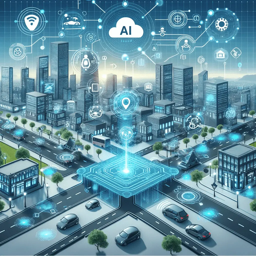 Illustration of AI optimizing performance in a smart city with interconnected IoT devices.