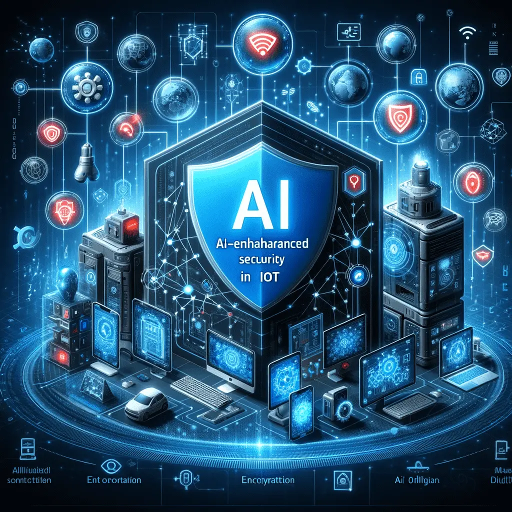 Digital illustration of AI-enhanced cybersecurity in IoT networks.