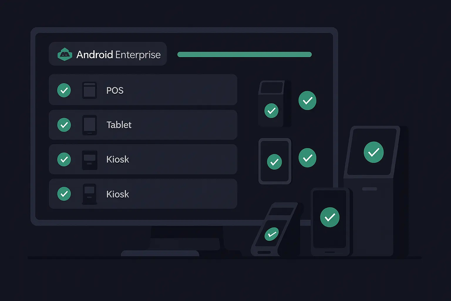 Dark SaaS dashboard interface showing cloud-based Android device management for POS, kiosks, tablets, and signage with performance charts and metrics.