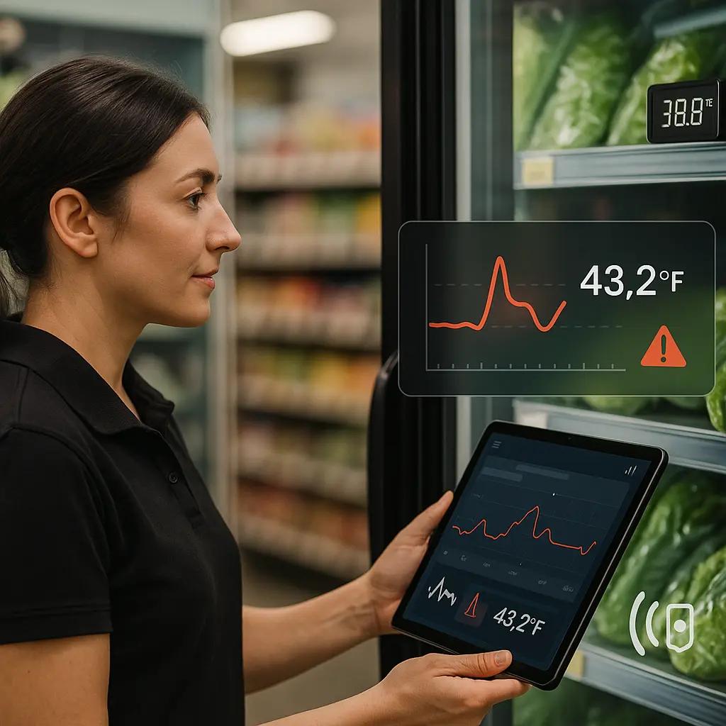 Smart Store Refrigeration Management: Real-Time Monitoring and Energy Optimization 3 Store employee checking refrigerated display case with tablet showing real-time temperature monitoring dashboard
