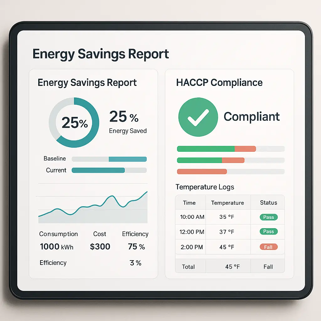 Smart Store Refrigeration Management: Real-Time Monitoring and Energy Optimization 6 SaaS dashboard showing energy savings KPIs and HACCP compliance logs for refrigeration systems