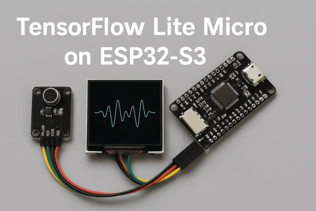 Illustration representing the integration of ESP32-S3 microcontroller and TensorFlow Lite Micro, highlighting edge AI capabilities such as wake word detection, sound classification, and embedded intelligence for IoT devices.