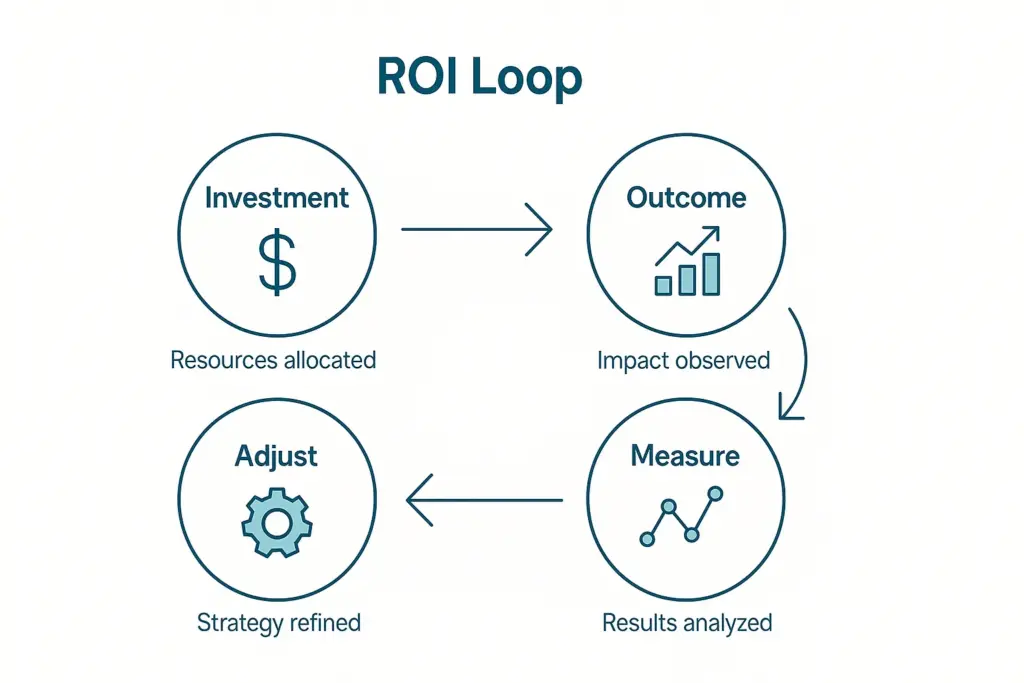 AI retail ROI loop showing investment, measurement, and optimization cycle for foot traffic analysis