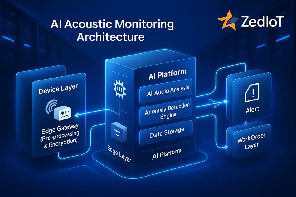 AI Acoustic Monitoring: Enhancing Data Center Monitoring With Early Hardware Fault Detection 1 AI acoustic monitoring architecture used to enhance data center monitoring by identifying early mechanical anomalies across server racks.