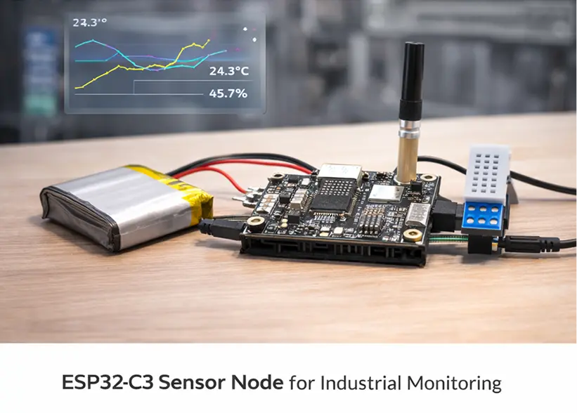 ESP32-C3 industrial sensor node displaying temperature and humidity data with low power firmware design