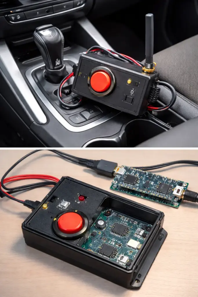 ESP32 Vehicle Safety Device Development for a US Transportation Startup 1 ESP32 vehicle safety device development prototype installed inside a vehicle for emergency alert use
