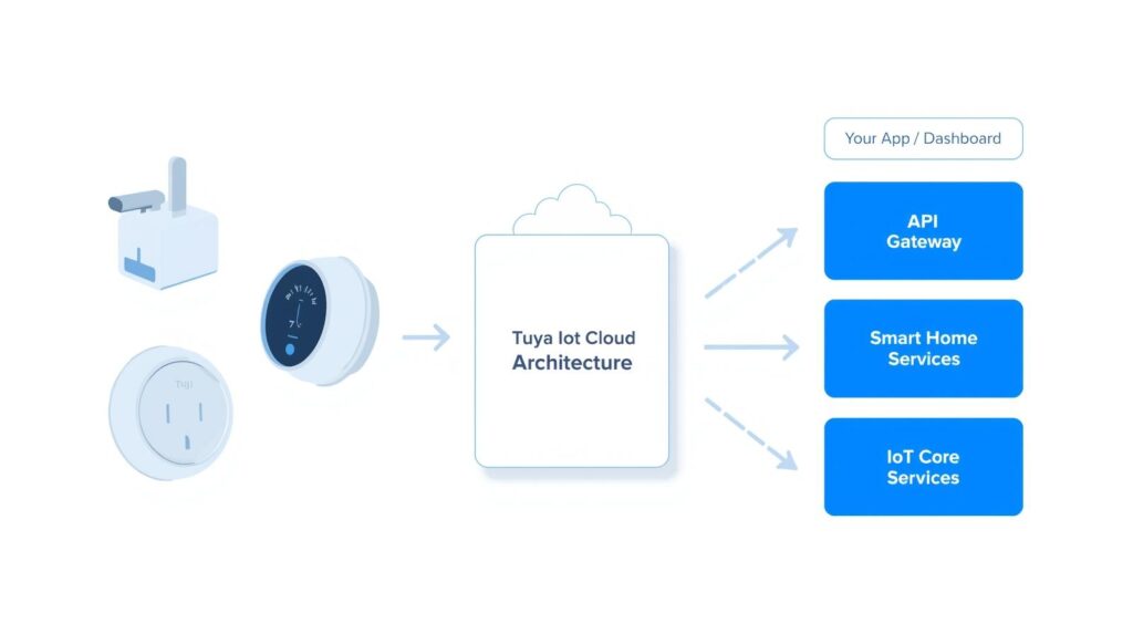 Tuya Cloud API Guide: How It Works and How to Integrate It 1 tuya cloud api architecture diagram showing IoT devices, cloud services, and application integration flow