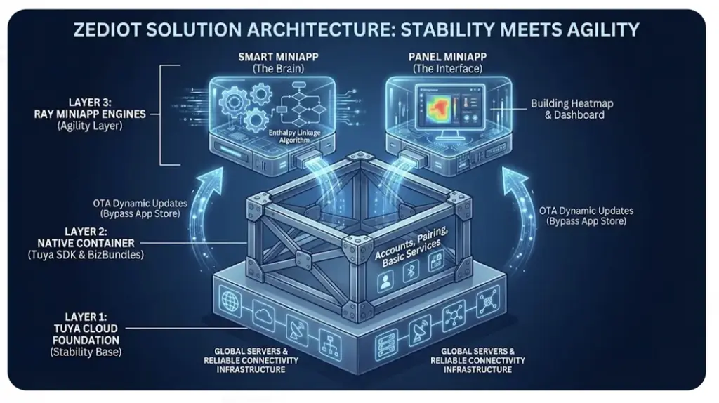 ZedIoT Hybrid Architecture diagram showing Tuya Cloud, Native Container, and Tuya Ray Framework MiniApps for OTA updates.