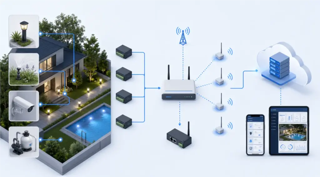 Tuya SDK app architecture for outdoor smart home devices using gateway RS485 LoRa and 4G