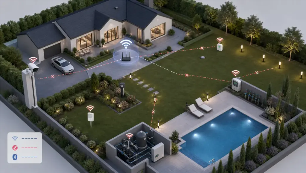 Outdoor smart home connectivity challenges with Wi-Fi Zigbee and Bluetooth coverage