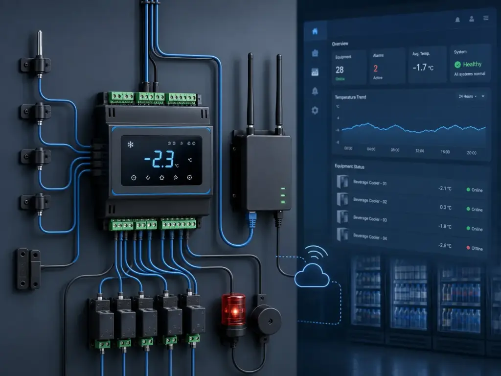 Refrigeration controller and IoT gateway integration for beverage cooler monitoring