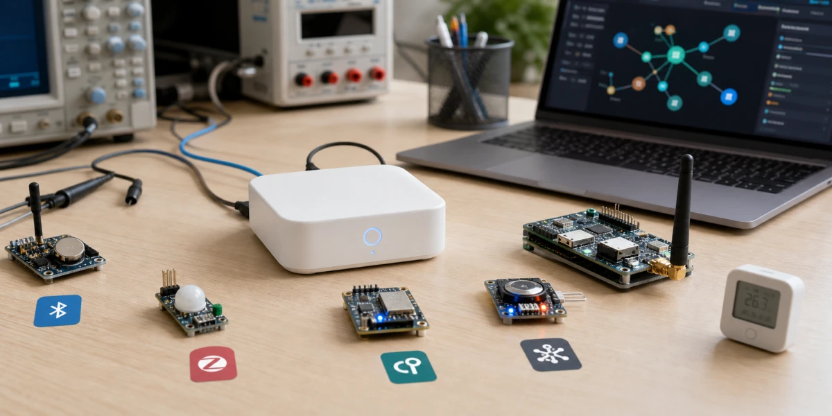 Designing a Tuya Gateway for BLE, Zigbee, Thread, and Matter Devices 8 Tuya multi-protocol gateway lab bench with sub-device modules