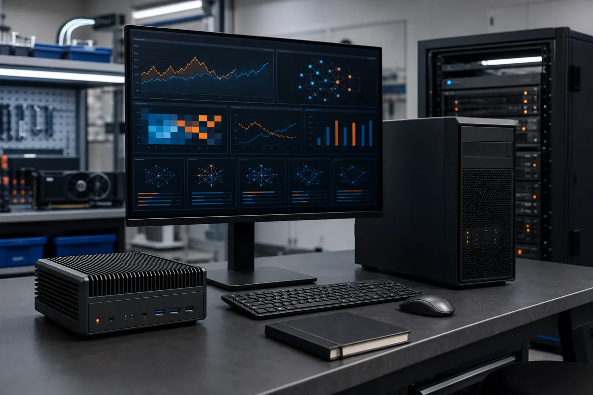 Enterprise local AI pilot workspace with edge device, workstation, server, and observability dashboard